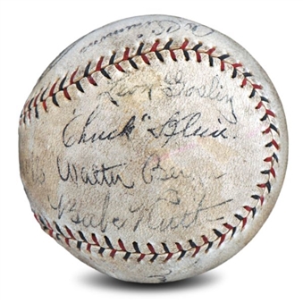 Incredible Rare 1920s-30s Sluggers Signed Ball Including Ruth, Gehrig, Foxx, Klein, and Even Hack Wilson!